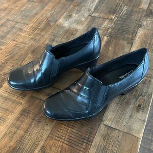 Clarks Black Leather Low Heel Slip-On Shoes
